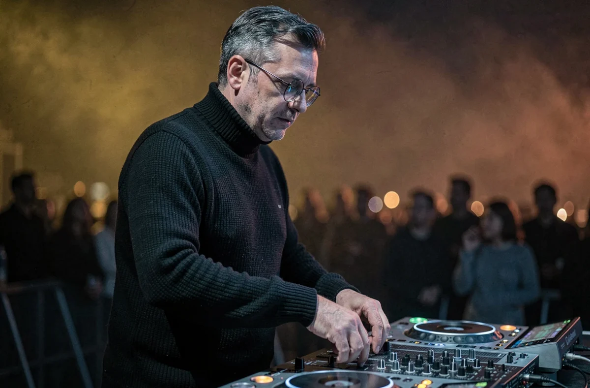 À Demain, DJ au look intellectuel en col roulé sombre, réalisant un set de clôture sur scène dans une ambiance nocturne apaisée