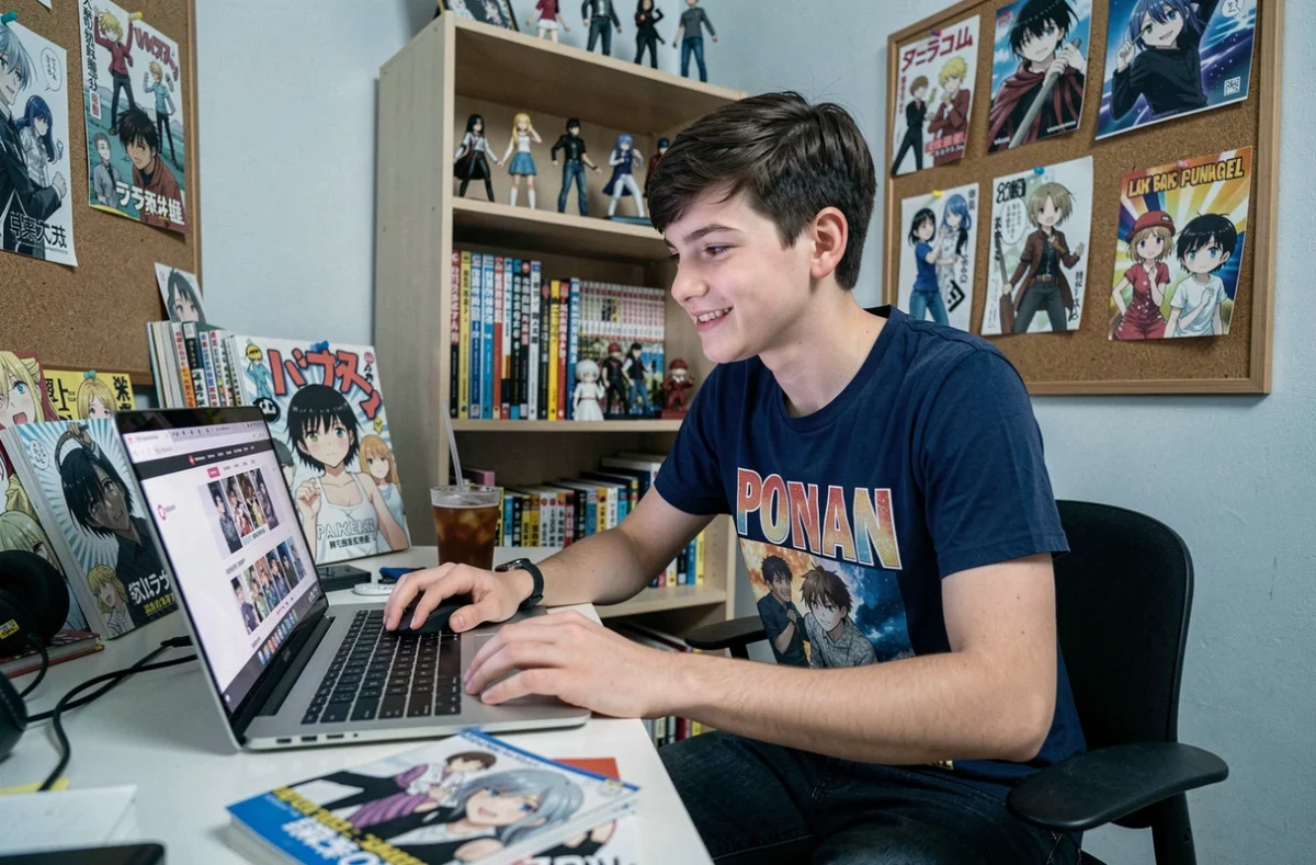Adolescent comparant des sites de lecture de manga en ligne sur son ordinateur portable dans sa chambre