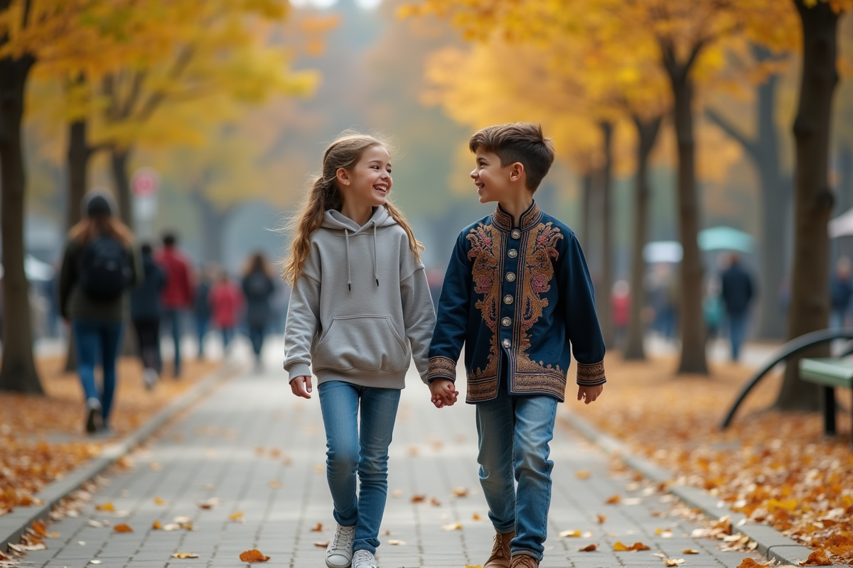 Adolescents marchant dans un parc en automne avec feuilles
