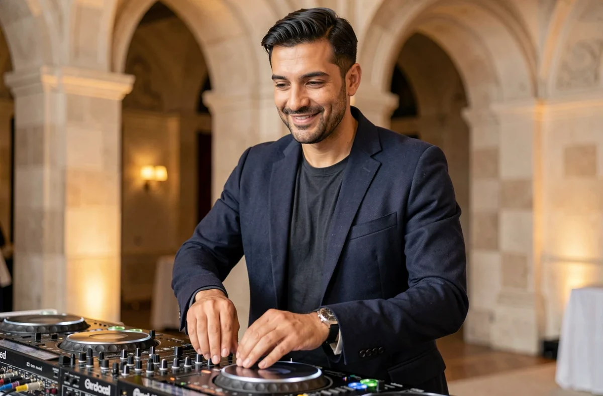 Adrino, DJ élégant en veste bleue marine derrière ses platines dans une salle de réception au décor classique bourguignon
