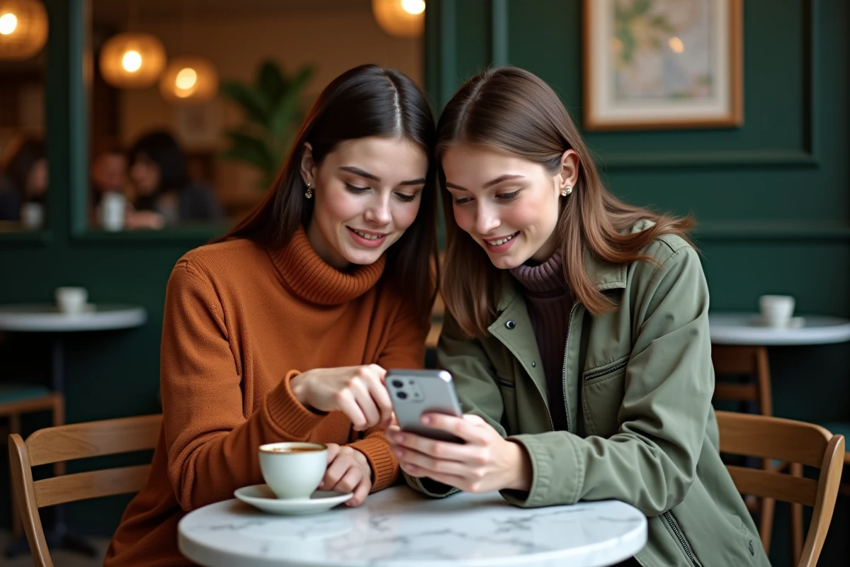 Deux amies discutant d'une Instagram Story sur un smartphone dans un café parisien au décor vert foncé