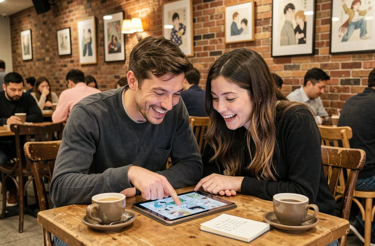 Deux amis adultes comparant des plateformes de lecture de manga sur une tablette dans un café urbain