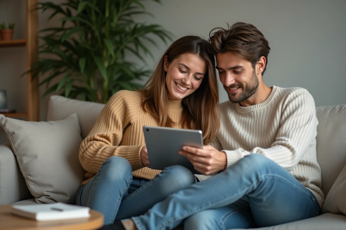 Deux amis jouant ensemble à un jeu de mots type Wordle sur une tablette dans un salon moderne