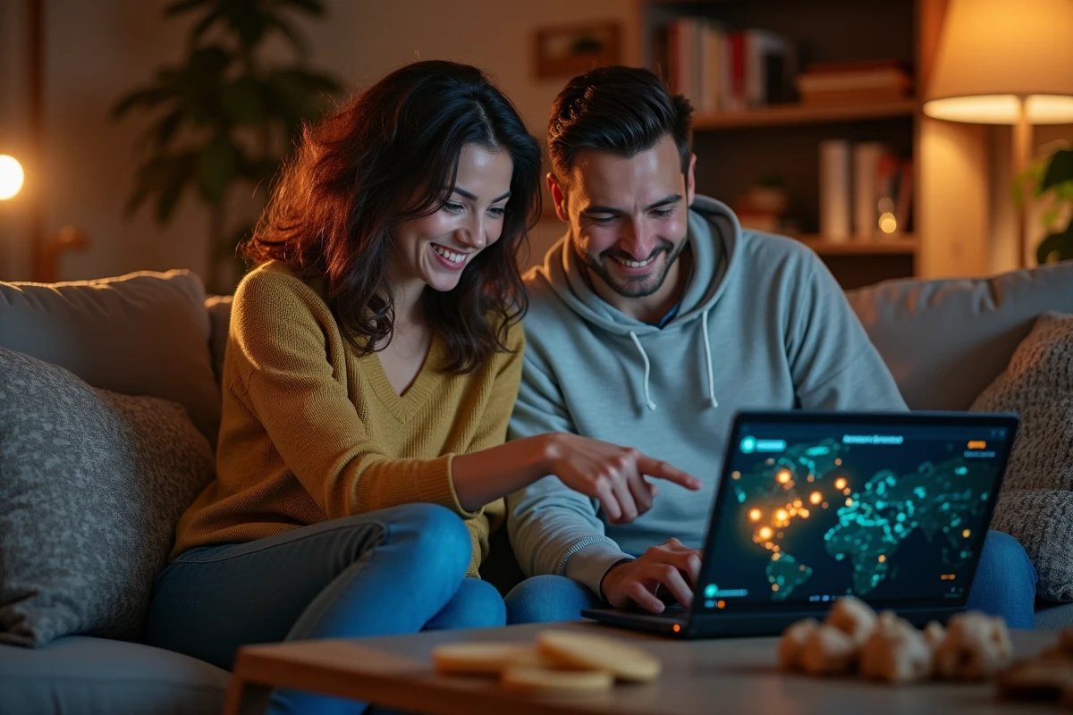 Deux amis adultes jouant à Dofus sur un laptop dans un salon, consultant une carte de portails pour optimiser leur XP et leurs kamas