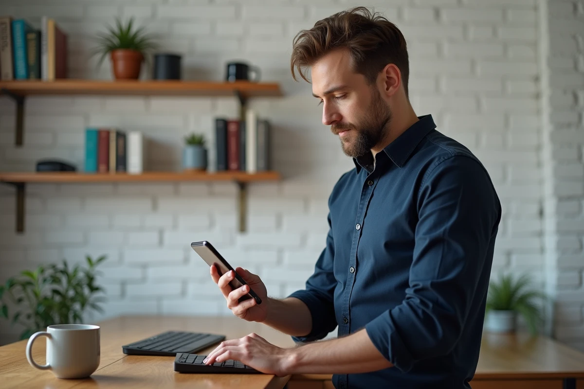 Homme analysant des Instagram Stories sur smartphone dans un bureau moderne à domicile avec étagères en bois