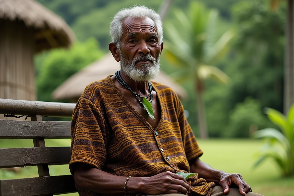Homme kanak âgé en tenue traditionnelle assis dans la forêt