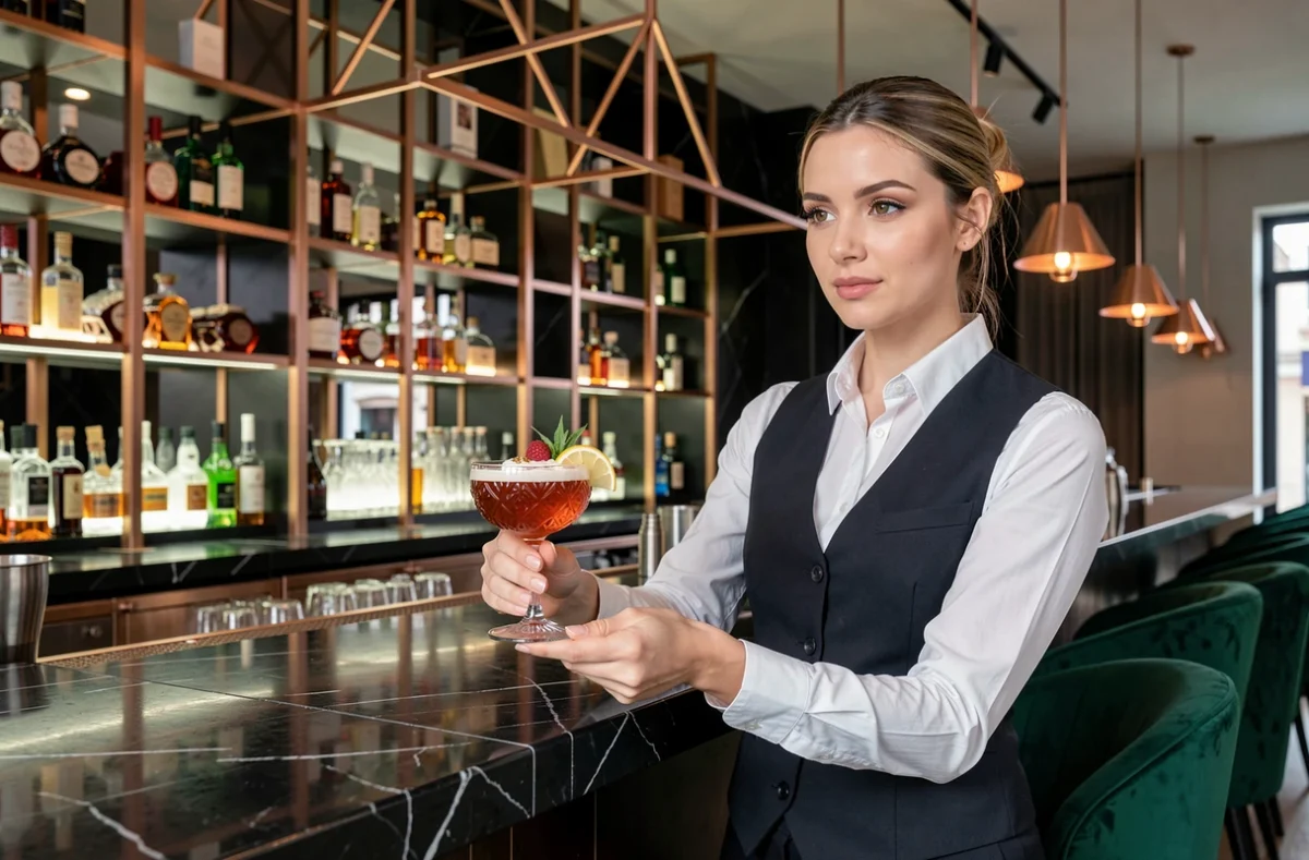Bartendeuse présentant un cocktail haut de gamme dans un bar chic et luxueux à Montpellier, Aperture