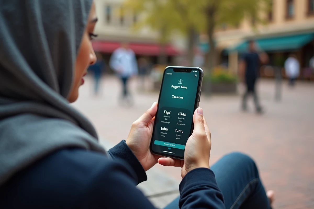 Femme consultant les horaires de prière sur une application mobile dans un square de Toulouse