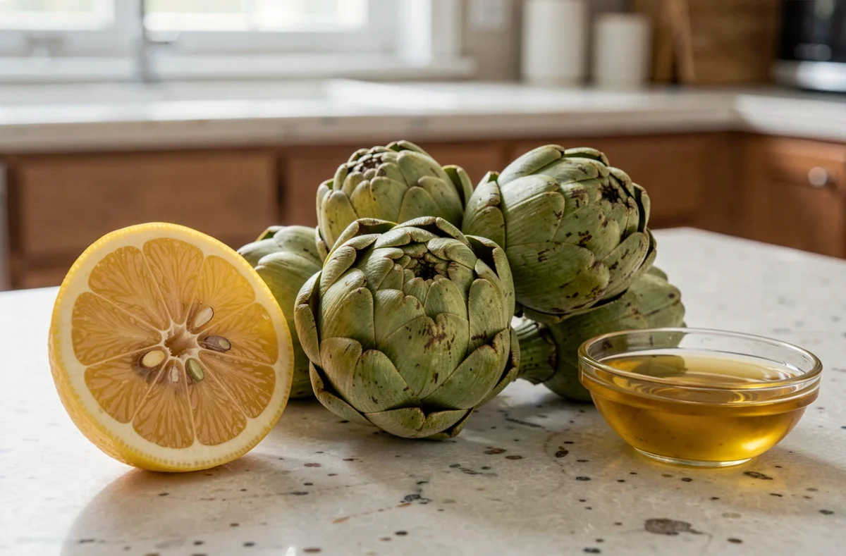 Artichauts cuits, citron coupé et bol de vinaigre sur un plan de travail