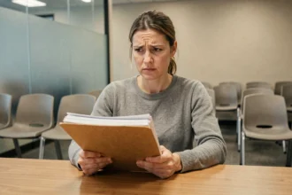 Femme en attente administrative tenant un dossier de demande de titre de séjour dans un bureau gouvernemental