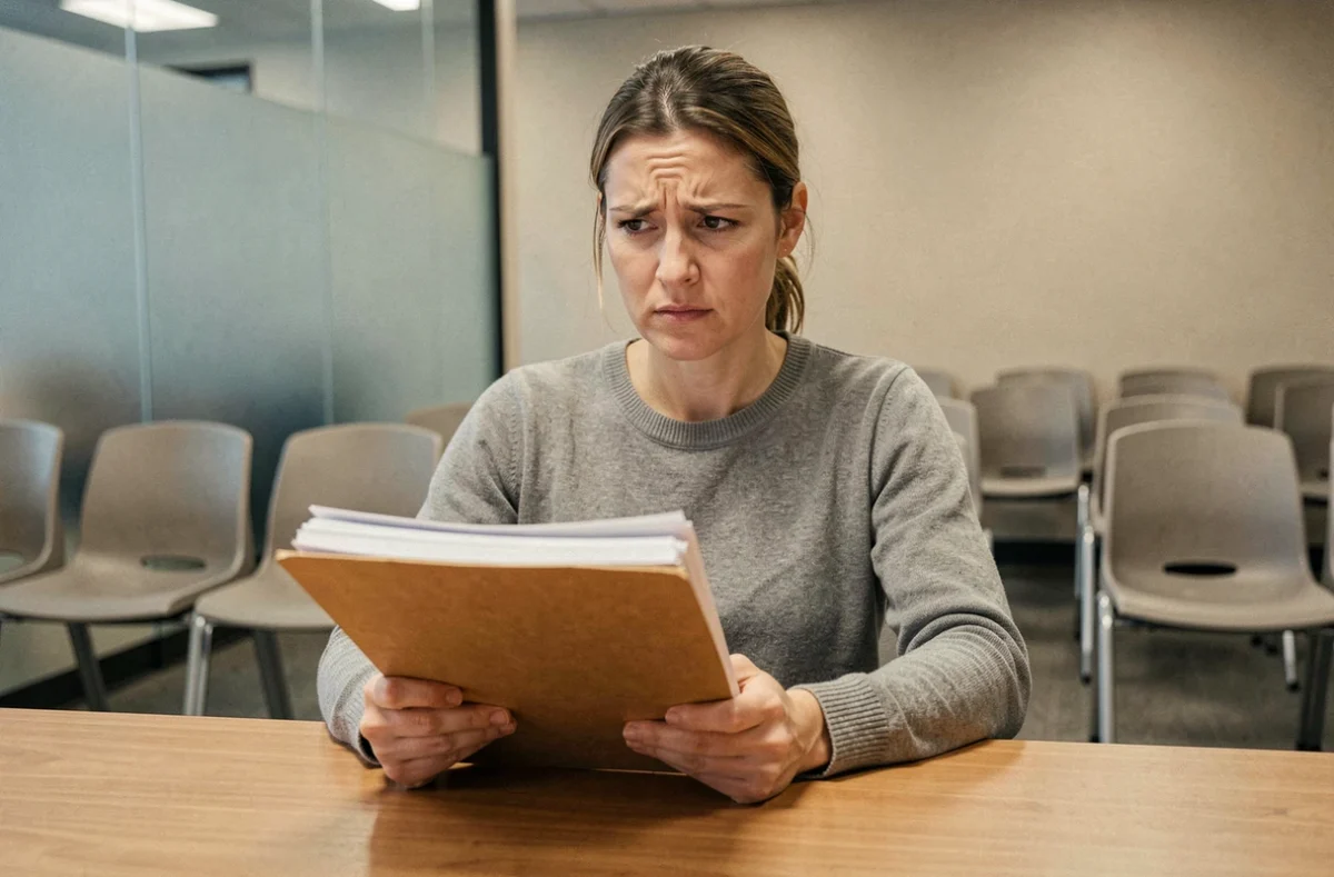 Femme en attente administrative tenant un dossier de demande de titre de séjour dans un bureau gouvernemental