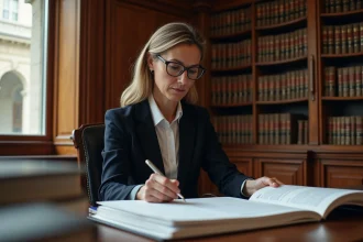 Avocate spécialisée en droit public examinant des documents juridiques officiels dans un bureau institutionnel français