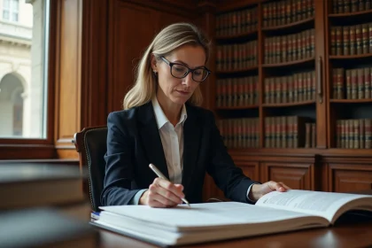Avocate spécialisée en droit public examinant des documents juridiques officiels dans un bureau institutionnel français