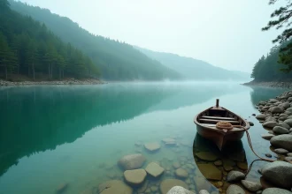 Baie japonaise paisible au lever du jour avec eau turquoise, forêt de pins et barque de pêche traditionnelle