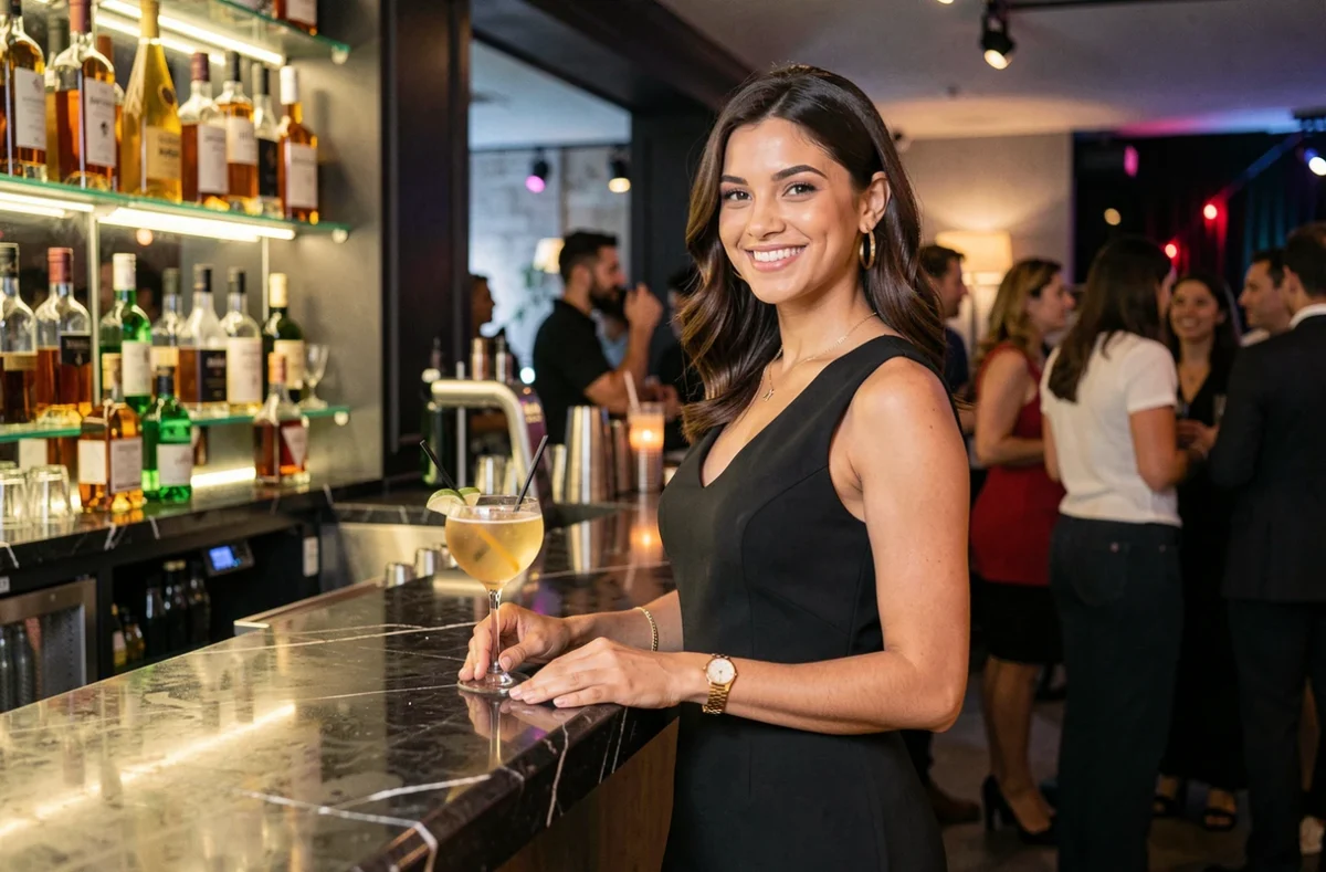 Femme souriante au bar d'une boîte de nuit branchée à Marseille attendant un cocktail