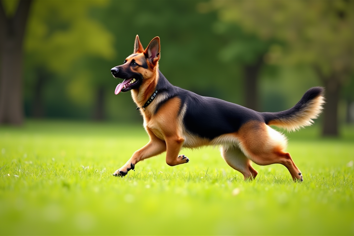 Chien berger allemand jouant dans un parc ensoleille