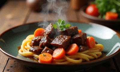 Plat de boeuf bourguignon servi chaud sur une table en bois
