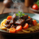 Plat de boeuf bourguignon servi chaud sur une table en bois
