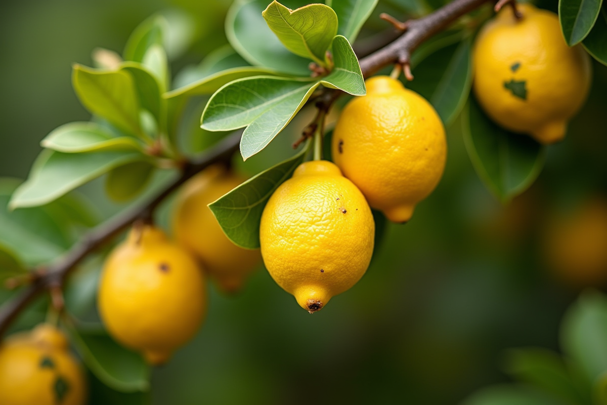Branche de citronnier avec citrons jaunes et feuilles jaunies