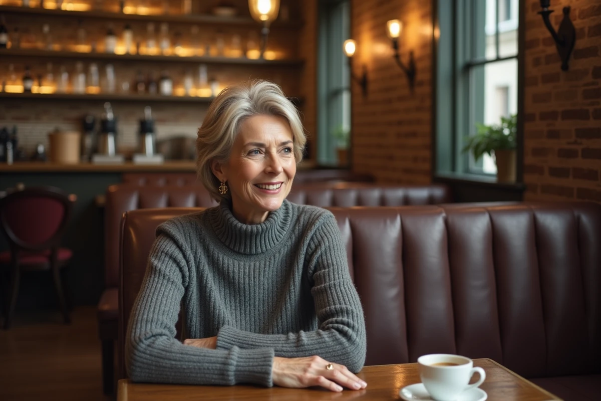 Femme en conversation dans une brasserie parisienne typique, symbolisant les révélations personnelles et les origines dévoilées lors d'interviews