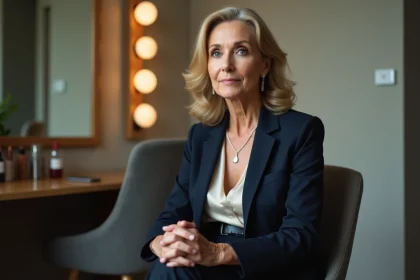 Femme élégante dans les coulisses d'un studio de télévision, évoquant l'univers des interviews médiatiques de Brigitte Milhau