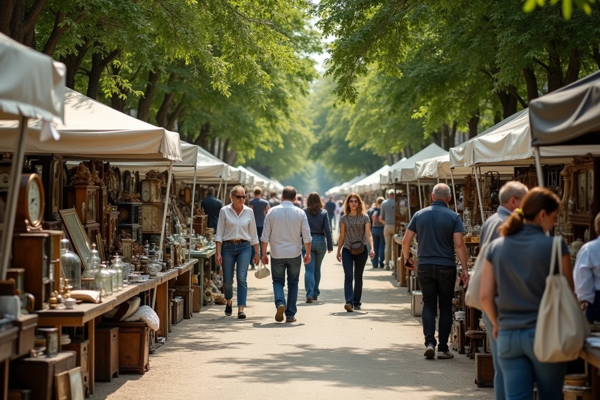 Vue panoramique d'une brocante en plein air avec des allées de tables remplies d'objets anciens dans les Yvelines