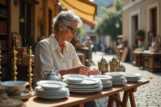 Femme examinant des assiettes en porcelaine vintage sur un stand de brocante en plein air dans les Yvelines