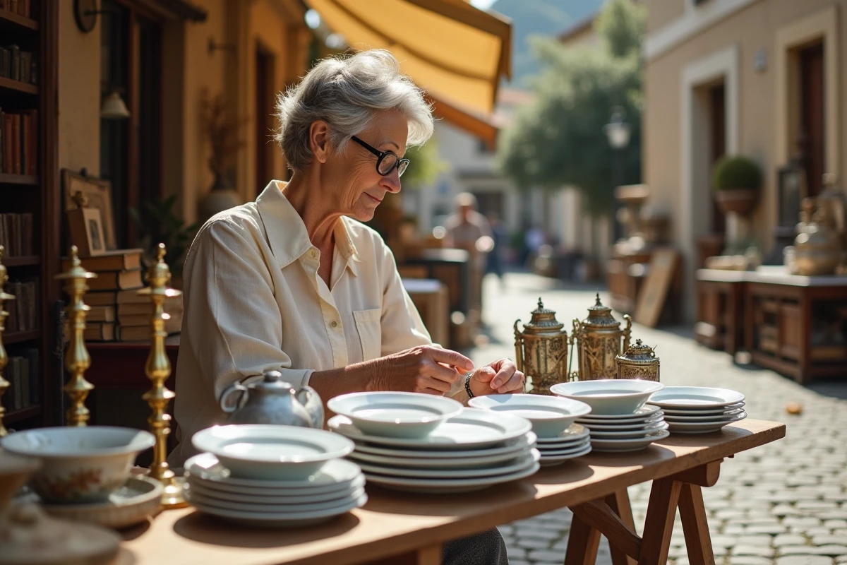 Femme examinant des assiettes en porcelaine vintage sur un stand de brocante en plein air dans les Yvelines