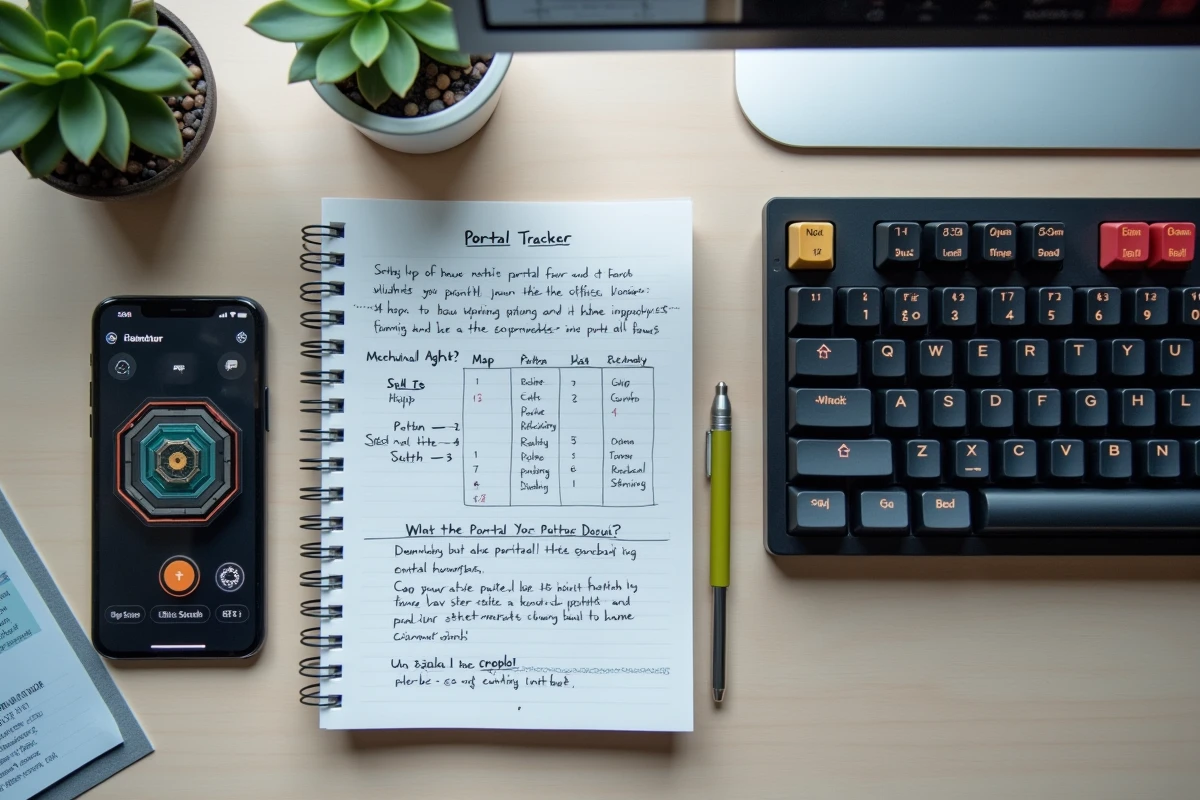 Vue aérienne d'un bureau gamer avec smartphone affichant un tracker de portails Dofus, clavier mécanique et notes manuscrites sur les stratégies de farming de kamas