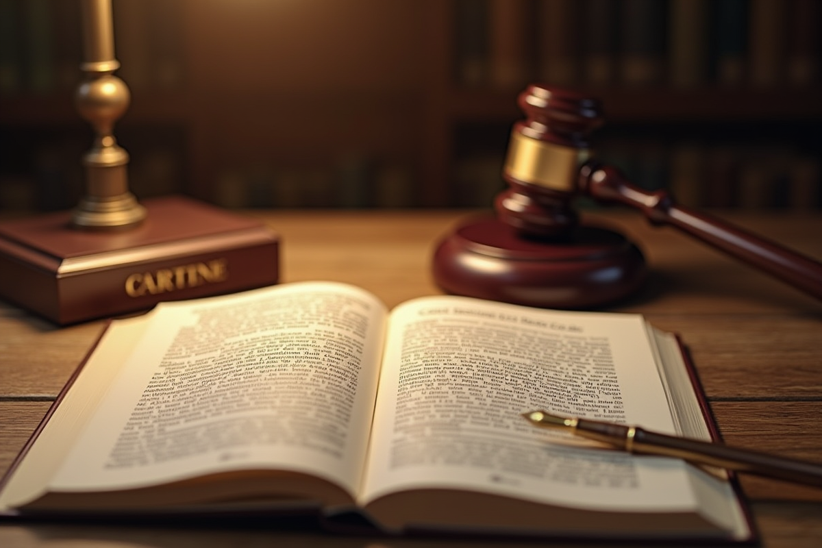 Bureau en bois avec code civil ouvert et documents juridiques