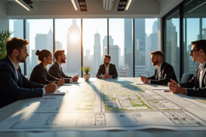 Bureau d urbanisme moderne avec plans et discussion