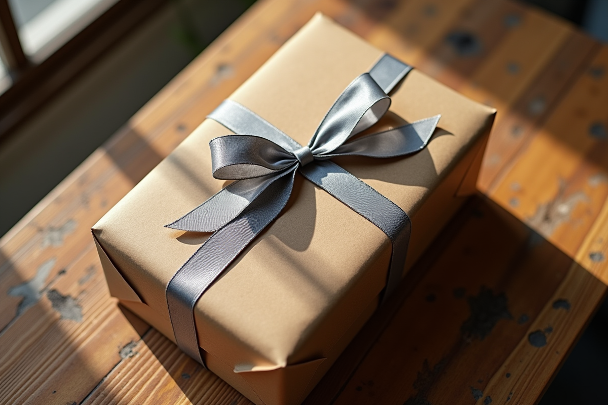 Coffret cadeau avec ruban en argent sur table en bois