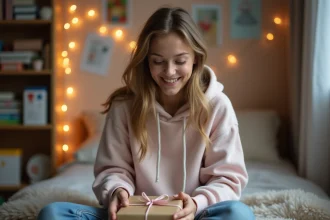 Adolescente qui déballe un petit cadeau à moins de 5 euros dans sa chambre avec une expression de joie sincère