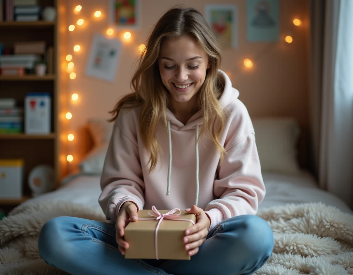 Adolescente qui déballe un petit cadeau à moins de 5 euros dans sa chambre avec une expression de joie sincère