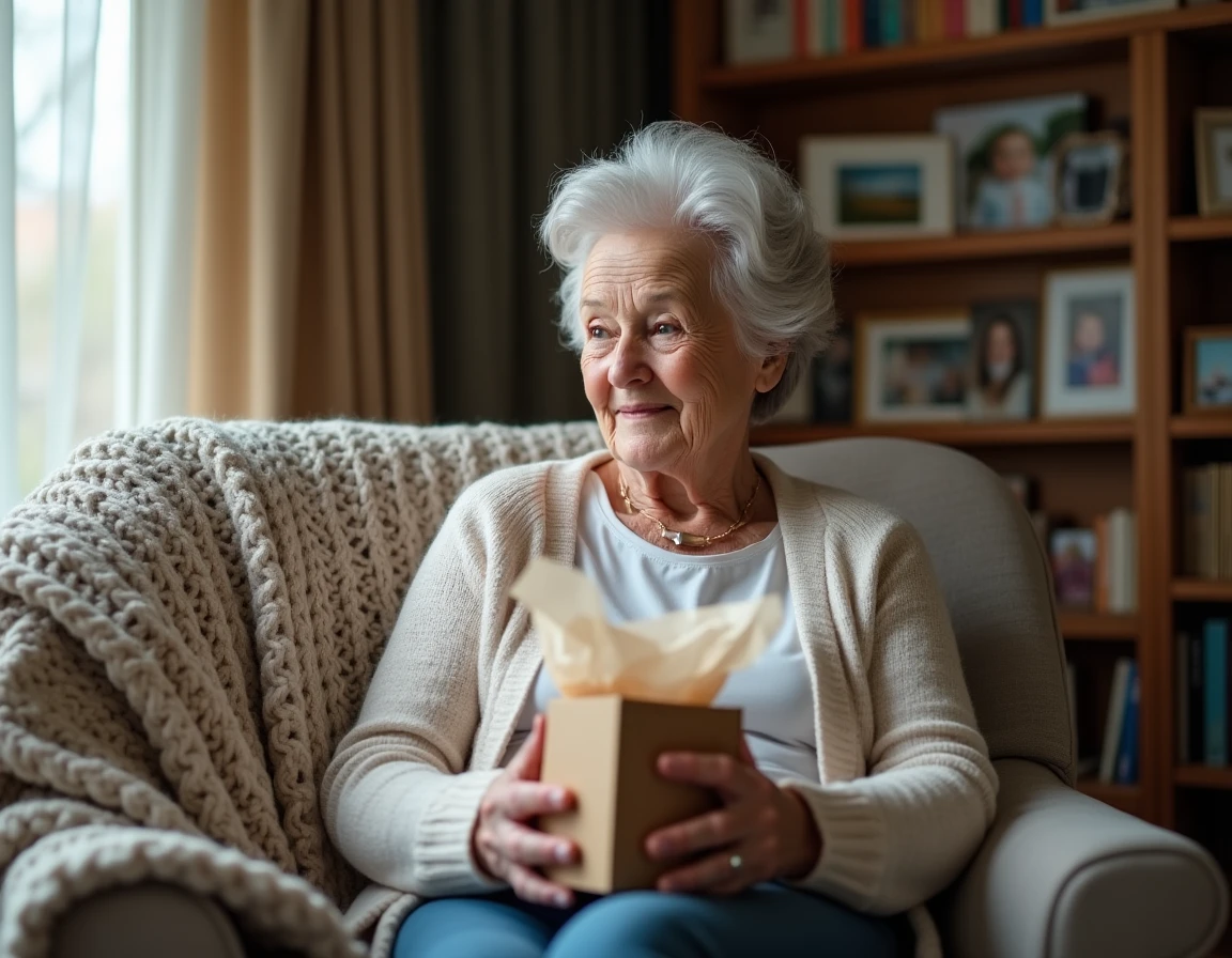 Mamie souriante tenant un petit sac cadeau dans un salon cosy, parfait pour illustrer des idées cadeaux à 5 euros