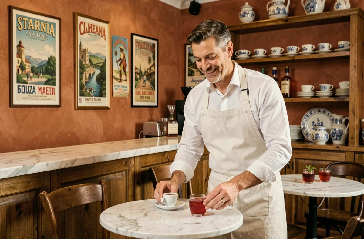 Serveur accueillant avec espresso et Campari spritz au Caffè Panis, bar-restaurant italien à Montpellier