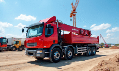 Camion rouge 10 tonnes avec plateforme sur un chantier