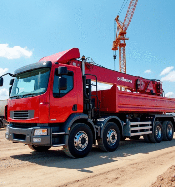 Camion rouge 10 tonnes avec plateforme sur un chantier