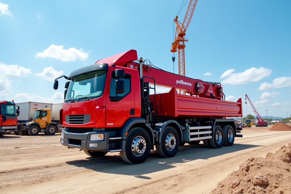 Camion rouge 10 tonnes avec plateforme sur un chantier