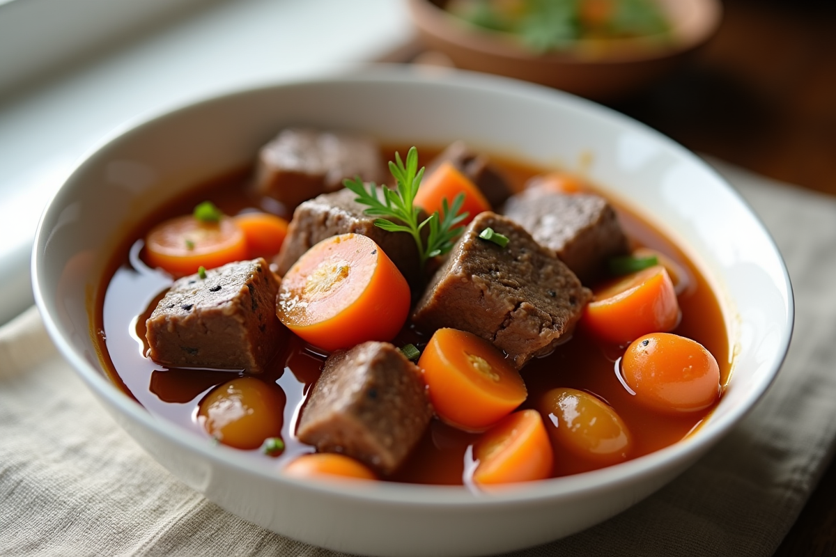 Gros plan sur les morceaux de boeuf et carottes dans la sauce
