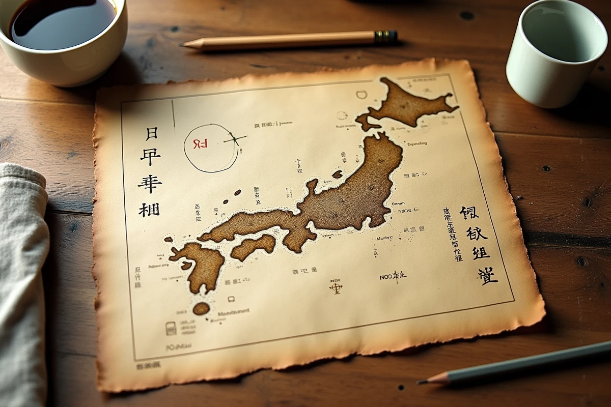 Carte topographique japonaise ancienne d'une baie côtière annotée en kanji avec une tasse de thé et un crayon sur une table en bois