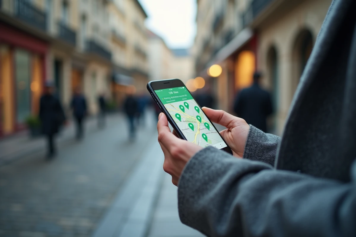 Homme utilisant une carte interactive sur smartphone pour localiser des WC publics ouverts en ville