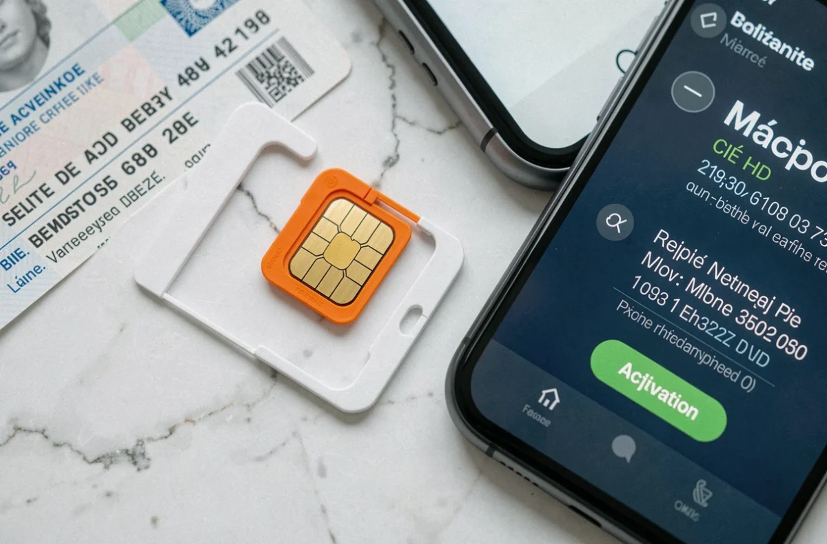 Carte SIM Orange en gros plan avec smartphone affichant l'activation réseau sur marbre blanc