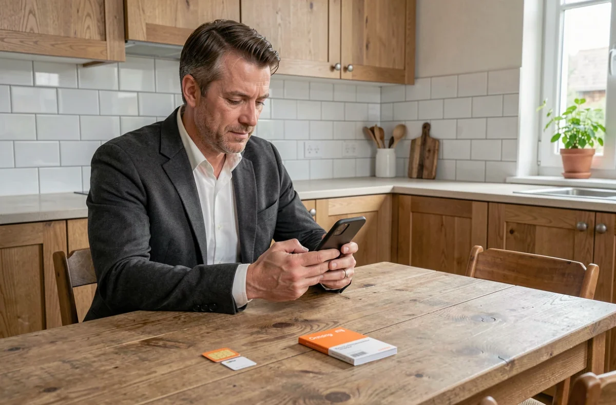 Homme consultant son smartphone avec une carte SIM Orange posée sur une table en bois