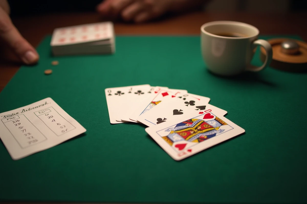 Vue de dessus d'une main de cartes de belote avec l'atout visible et un carnet de score manuscrit sur un tapis vert