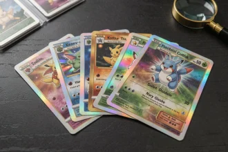 Cartes Pokémon rares holographiques en éventail sur une surface en bois sombre, montrant des reflets prismatiques et des bordures dorées de collection