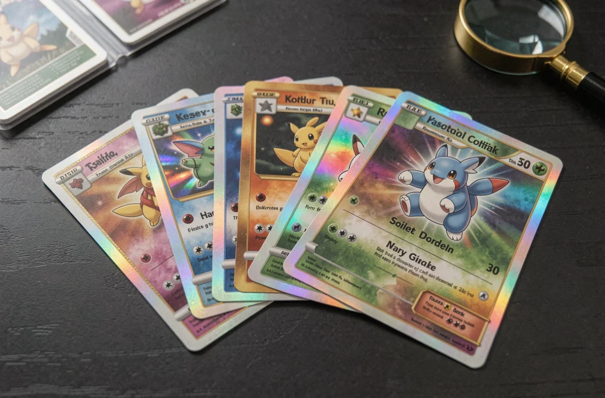 Cartes Pokémon rares holographiques en éventail sur une surface en bois sombre, montrant des reflets prismatiques et des bordures dorées de collection