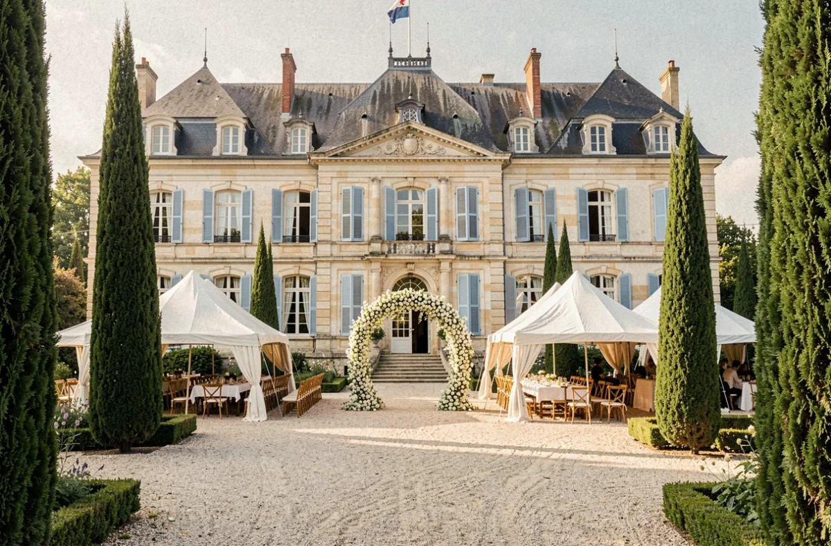Façade du Château de Labastide Beauvoir avec sa cour gravillonnée, tente de réception et arche florale blanche