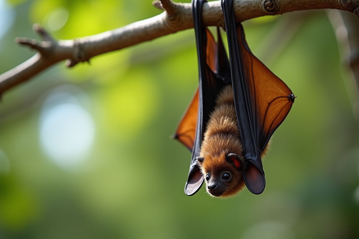 Chauve-souris suspendue à une branche en journée