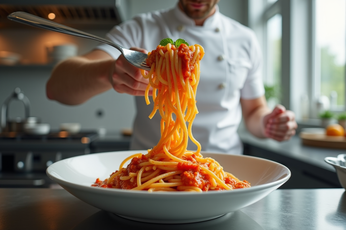 Chef servant des pâtes au chorizo dans une cuisine moderne